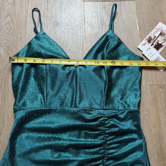 Honey and Rosie L Spaghetti Strap V-Neck Side Ruched Glitter Sheath Mini Dress‎ - Picture 7 of 8